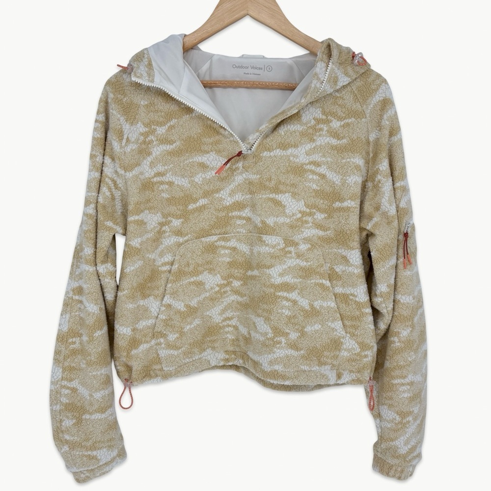 Outdoor Voices PrimoFleece 1/4 Zip Hoodie Size Small White Cloud Camo Cropped